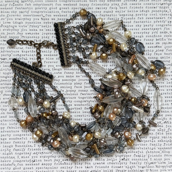 VINTAGE Necklace Beaded Multi Stranded Neutral Rhinestones Bib Antique - Picture 3 of 9